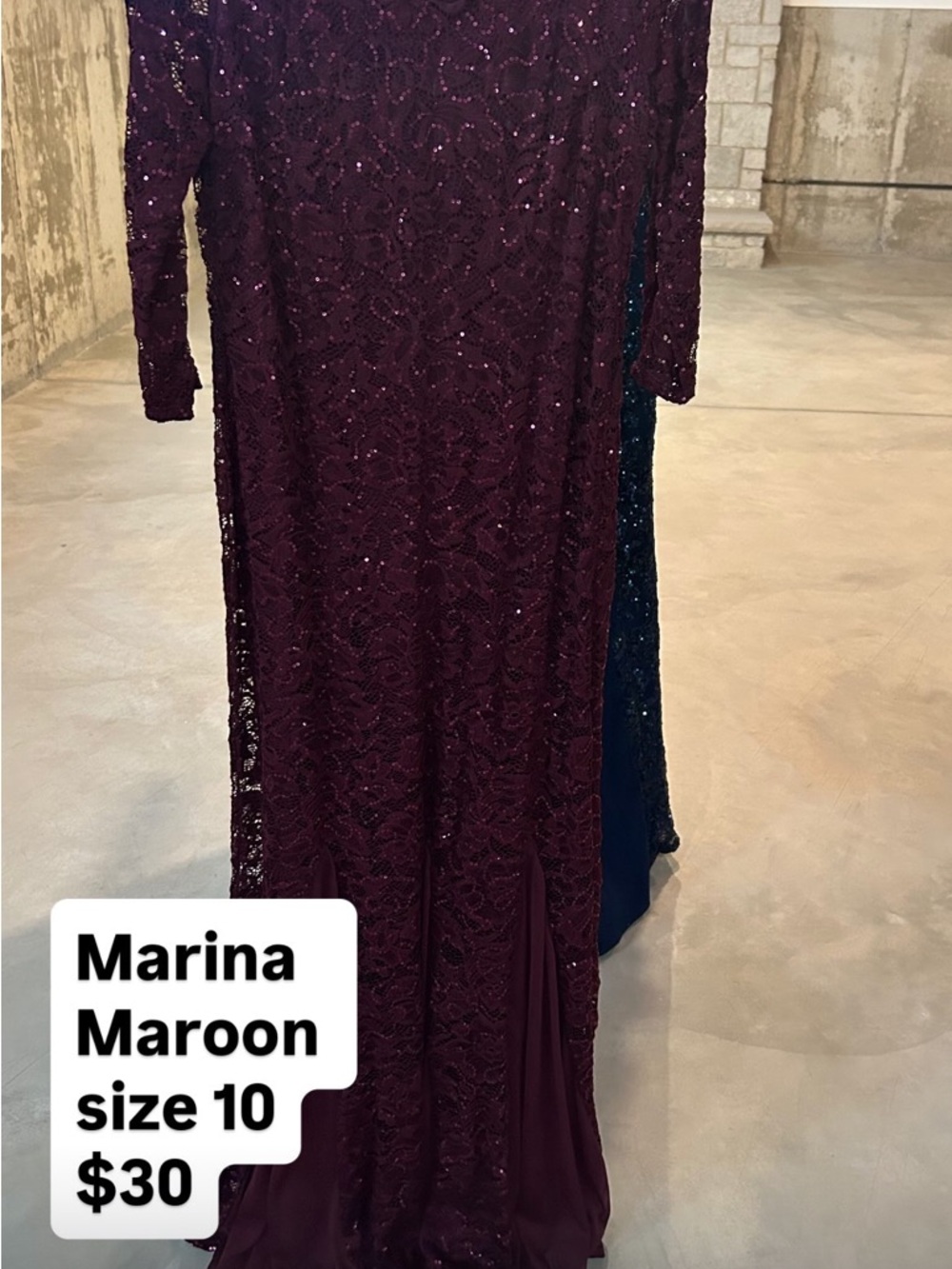 MARINA Maroon Long Sleeve Lace Sequin Gown